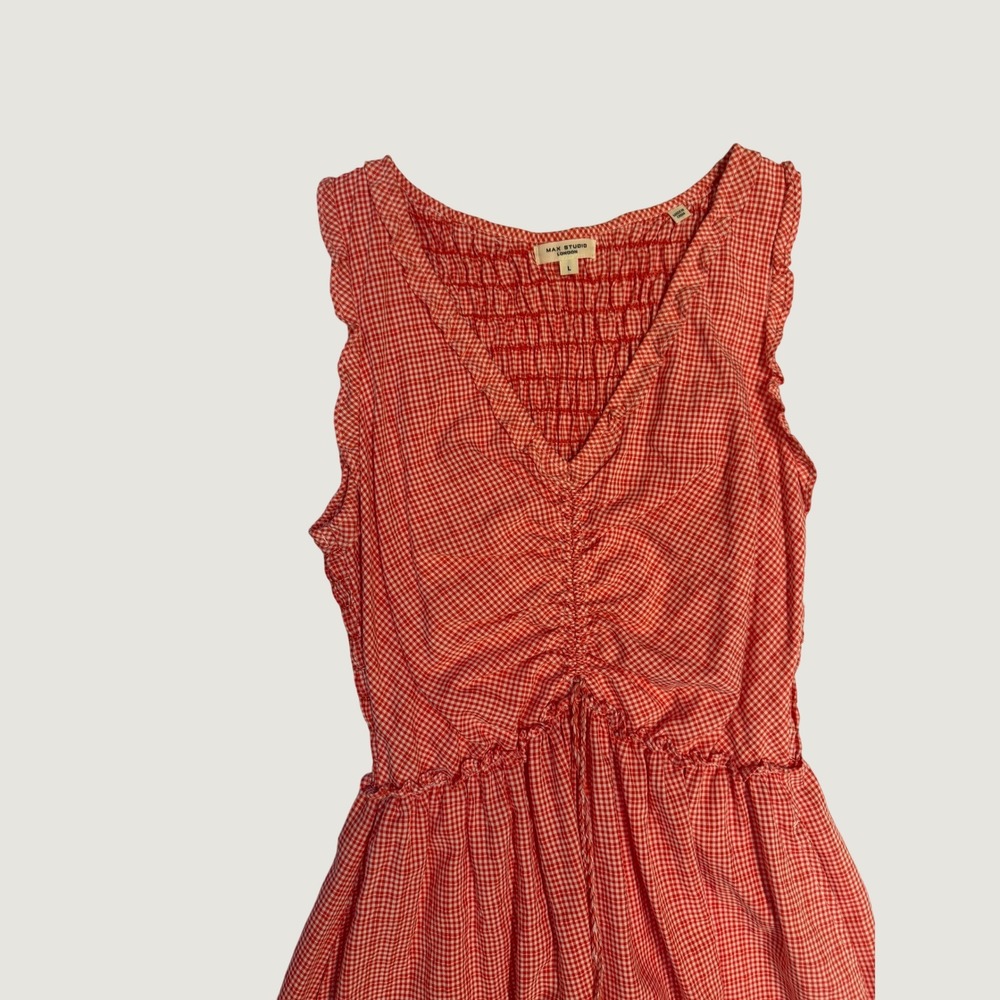 Max Studio London Red Gingham Smocked Midi Dress Womens Large V-Neck Ruffle Trim